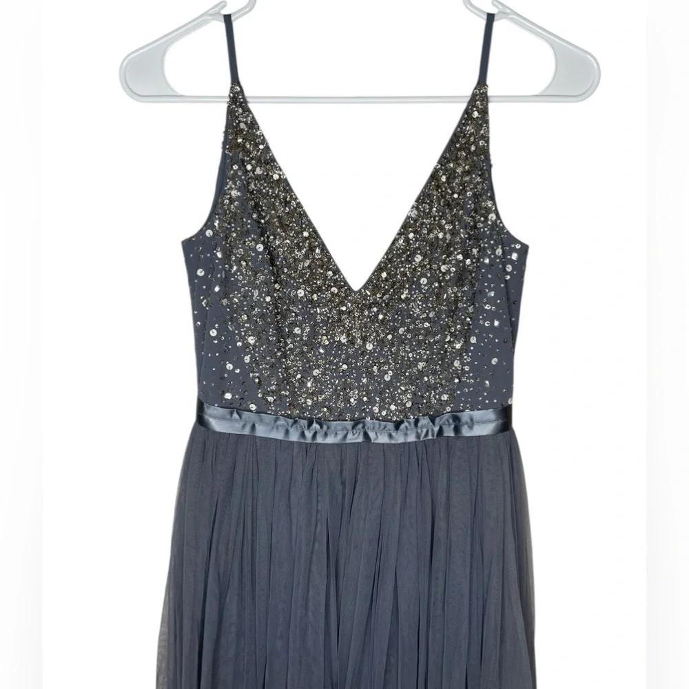 BHLDN Anthropologie Avery Beaded Tulle Maxi Dress Gown in Hydrangea Size 0